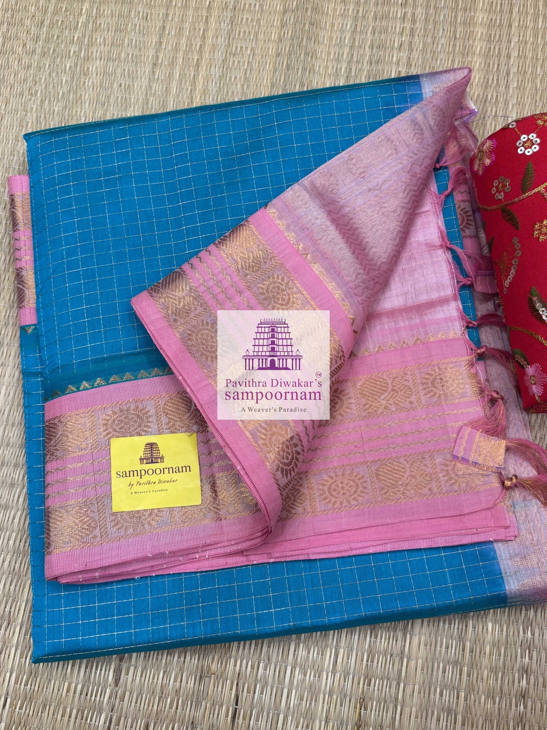 Turquoise Blue with Baby Pink , Rich Zari checks in the body and Rettapet border , Grand Pallu Korvai Silk Cotton Saree