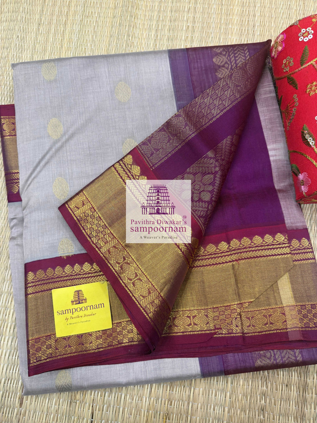 Grey with Magenta , Rich Zari butta and Silk border , Grand Pallu Korvai Silk Cotton Saree