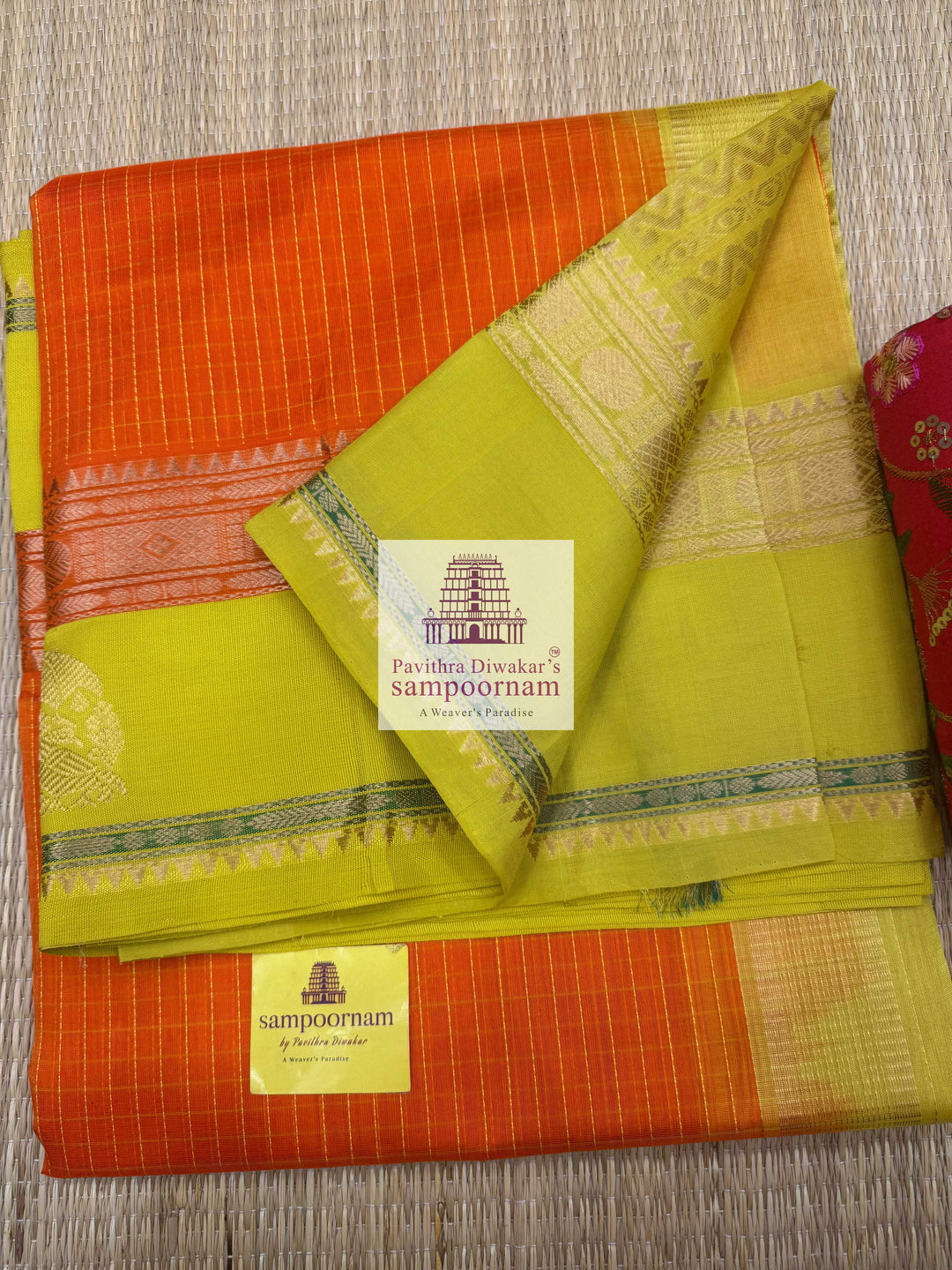 Orange with Lemon Yellow , thread checks in the body and Iruthalai Pakshi border , Rich Pallu Korvai Silk Cotton Saree