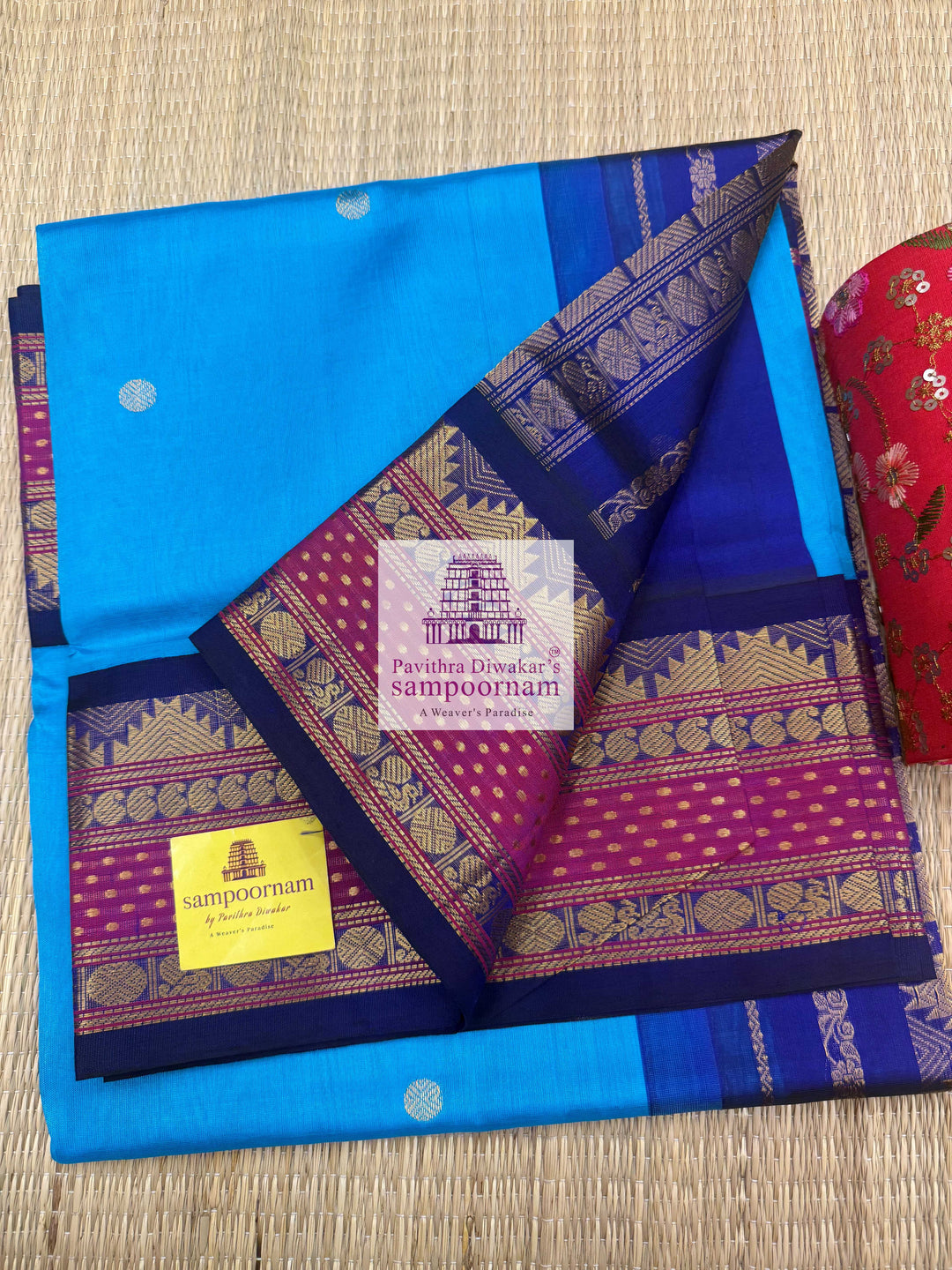 Ramar Blue with Dark Blue , Zari butta in the body and Lakshadeepam border , Grand Pallu Korvai Silk Cotton Saree