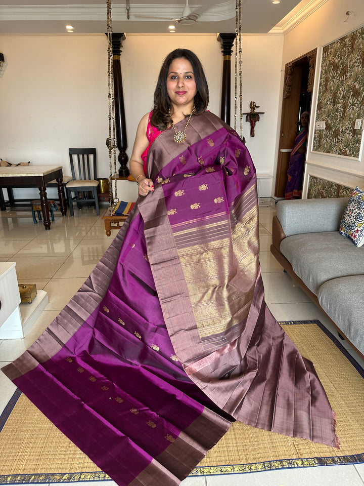 A Stunning Wine with Mauve Colour , Gandaberundu Zari Body Motif Rich Pallu- Kanjivaram Pure Silk Saree