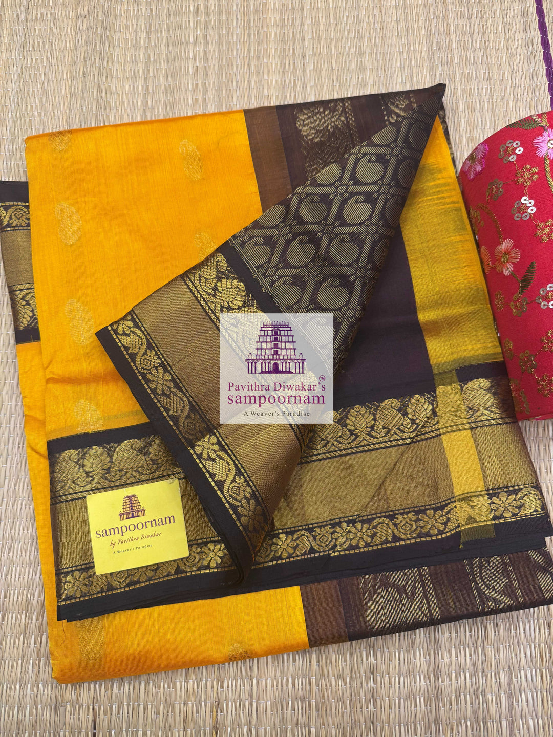 Mambazha Manjal with Dark Brown  , Rich Zari butta in the body traditional Silk border and Rich Pallu Korvai Silk Cotton Saree