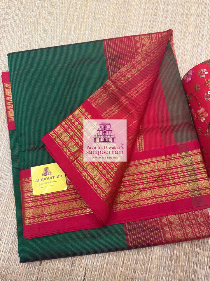 Forest Green with Red , Vairaoosi Zari lines in the body and traditional border  , Rich Pallu Korvai Silk Cotton Saree