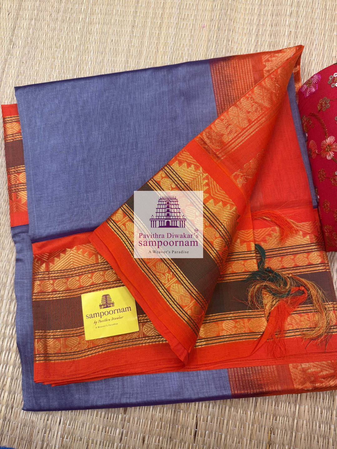 Dark Grey with Orange , Rettapet Temple border and  , Grand Pallu Korvai Silk Cotton Saree