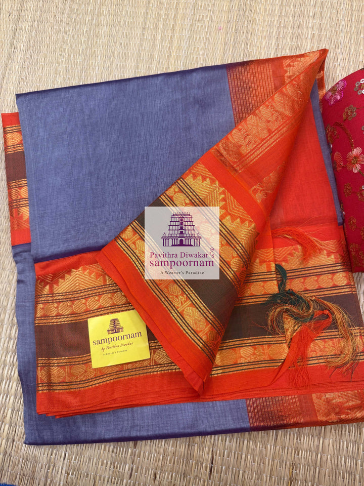 Dark Grey with Orange , Rettapet Temple border and  , Grand Pallu Korvai Silk Cotton Saree