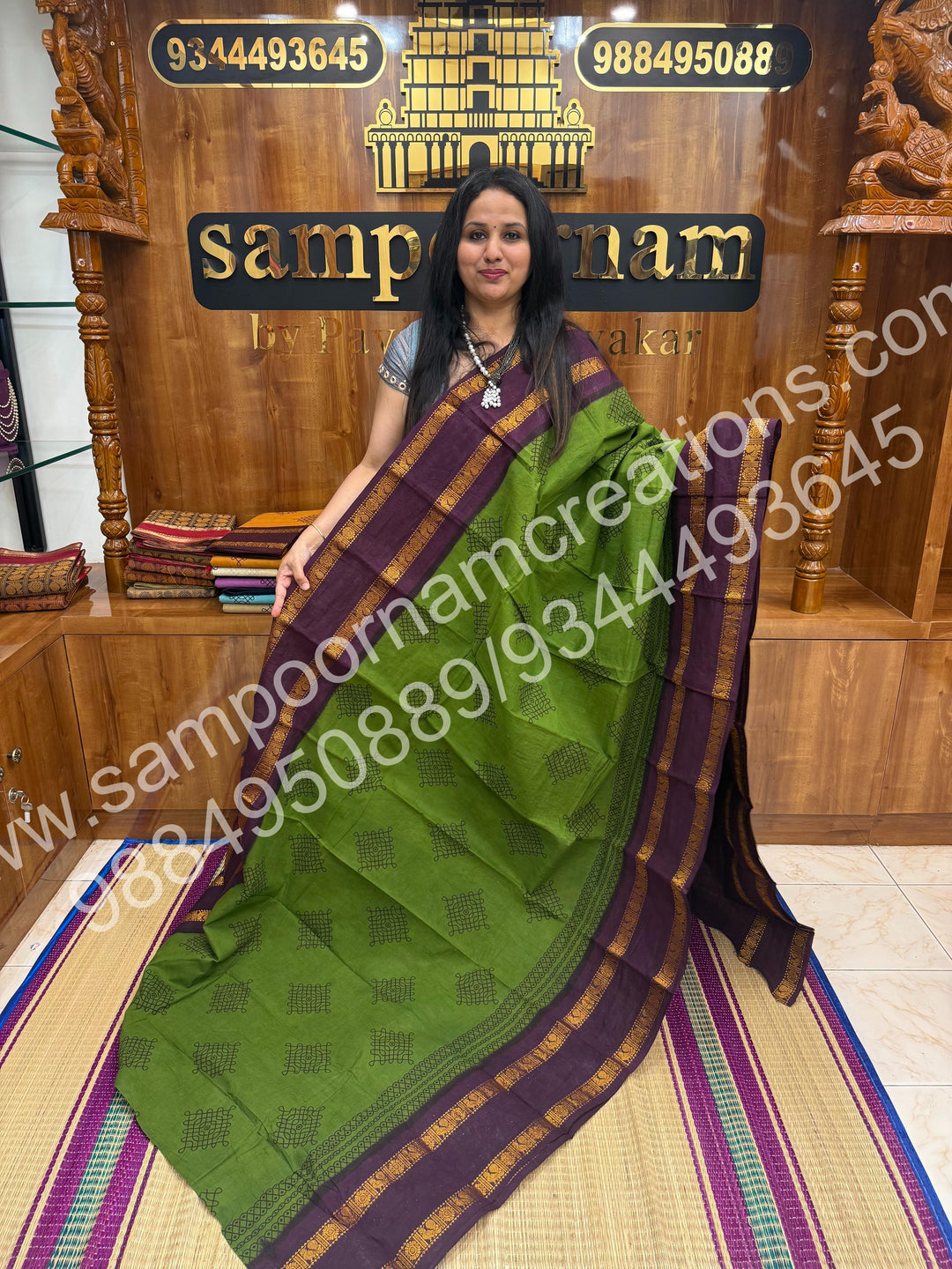 Dark Green with Wine , Kolam Handblock Printed Madurai Sungudi Cotton Saree