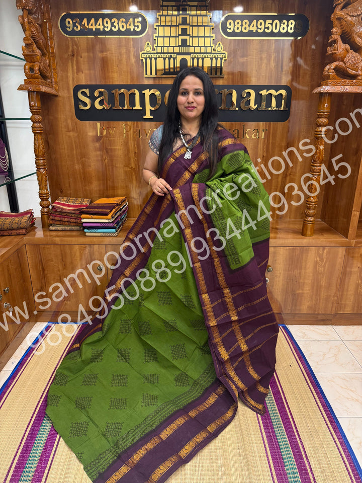 Dark Green with Wine , Kolam Handblock Printed Madurai Sungudi Cotton Saree