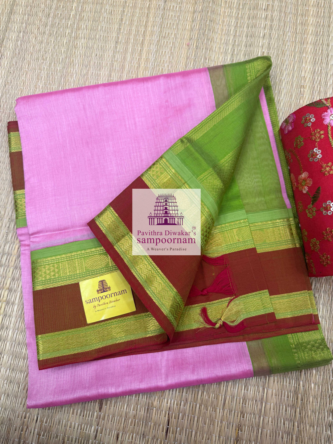 Baby Pink with Green , Rettapet border and Grand Pallu Korvai Silk Cotton Saree