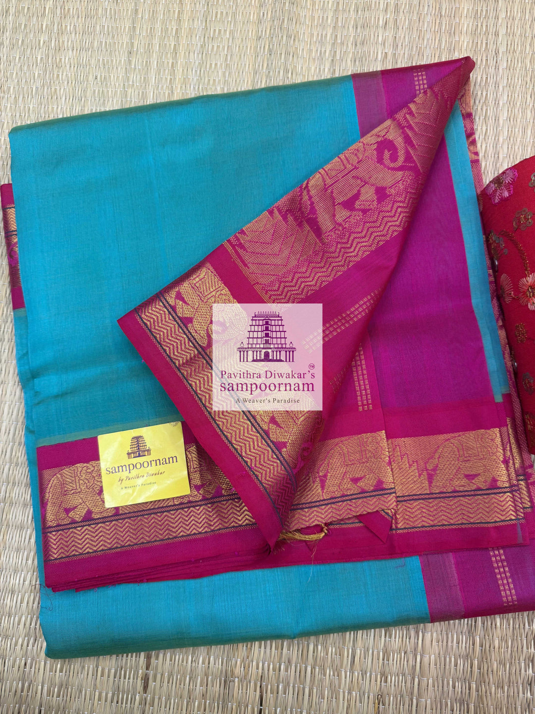 Double Shaded Ramar Green with Rani Pink , Traditional border and Rich Pallu Korvai Silk Cotton Saree
