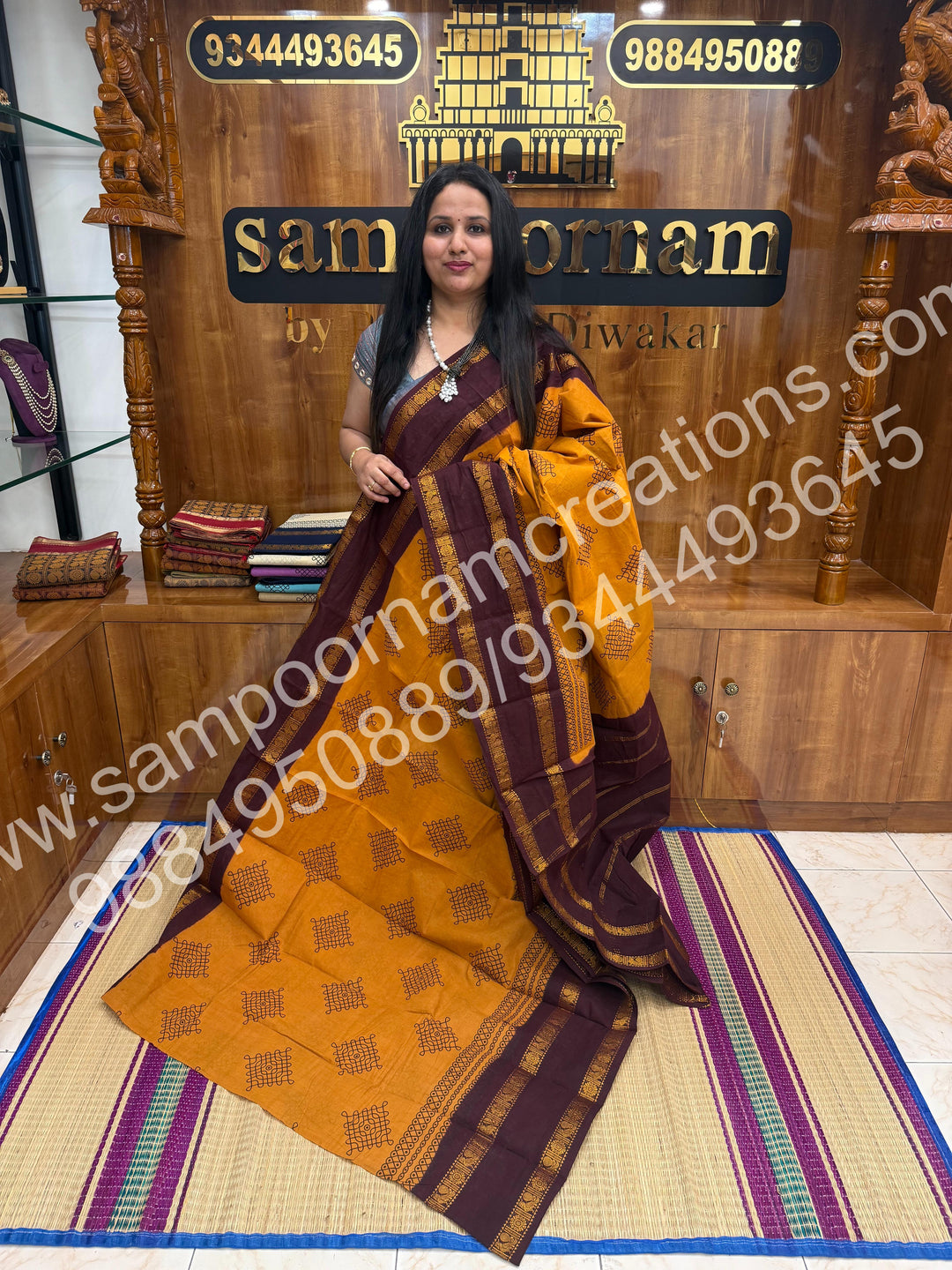 Fenugreek with Dark Brown , Kolam Handblock Printed Madurai Sungudi Cotton Saree