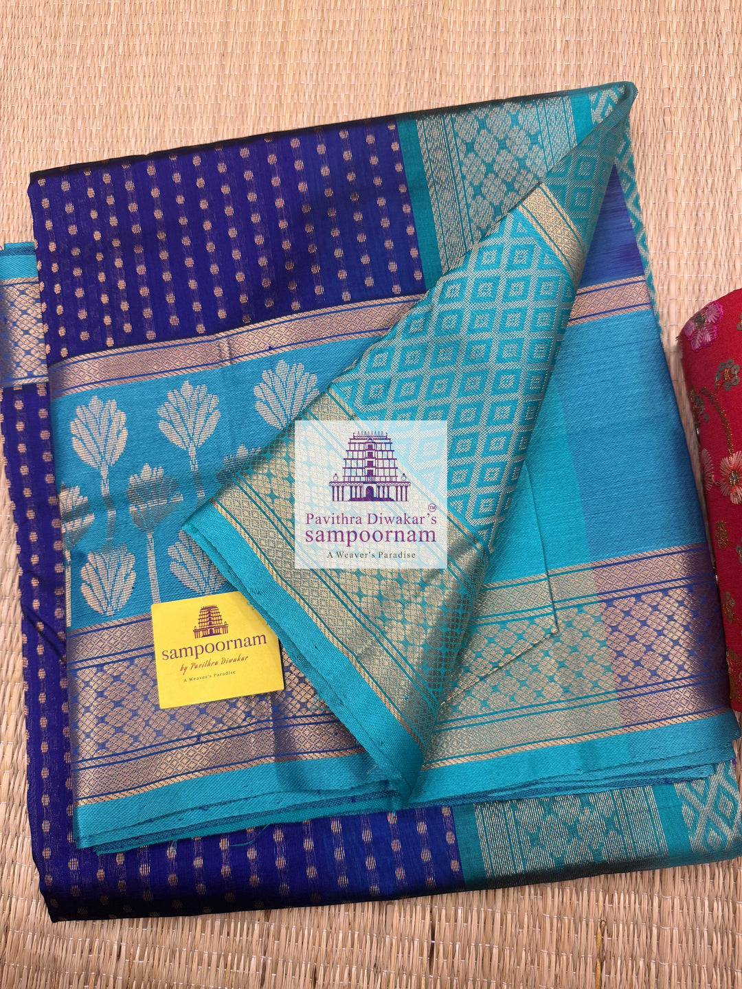 MS Blue with Turquoise Blue , Zari butta in the body , one side big Satin border with Floral motif , traditional border and  Grand Pallu Korvai Silk Cotton Saree