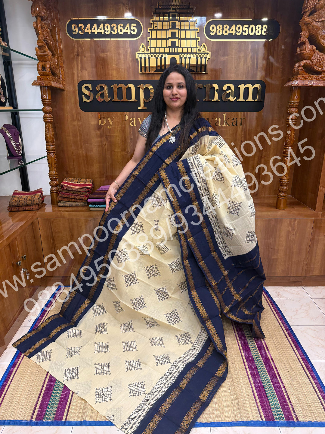Offwhite with Dark Blue , Kolam Handblock Printed Madurai Sungudi Cotton Saree