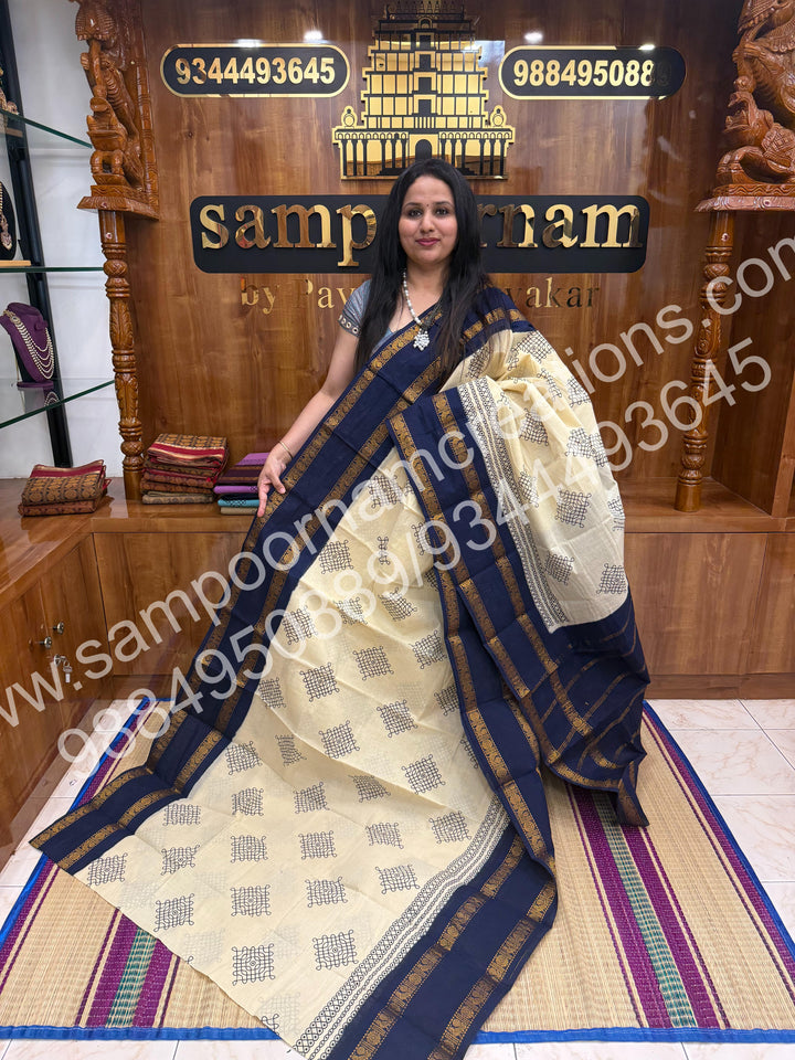 Offwhite with Dark Blue , Kolam Handblock Printed Madurai Sungudi Cotton Saree
