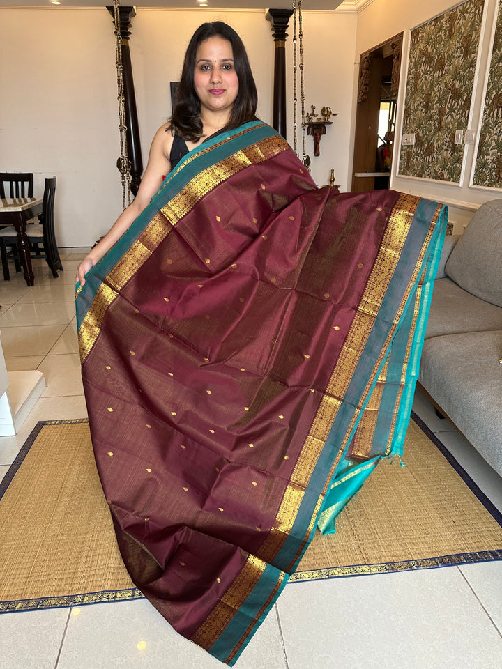 Dark Maroon with Turquoise Blue RIch Body Butta Vairaoosi Silk Cotton Saree