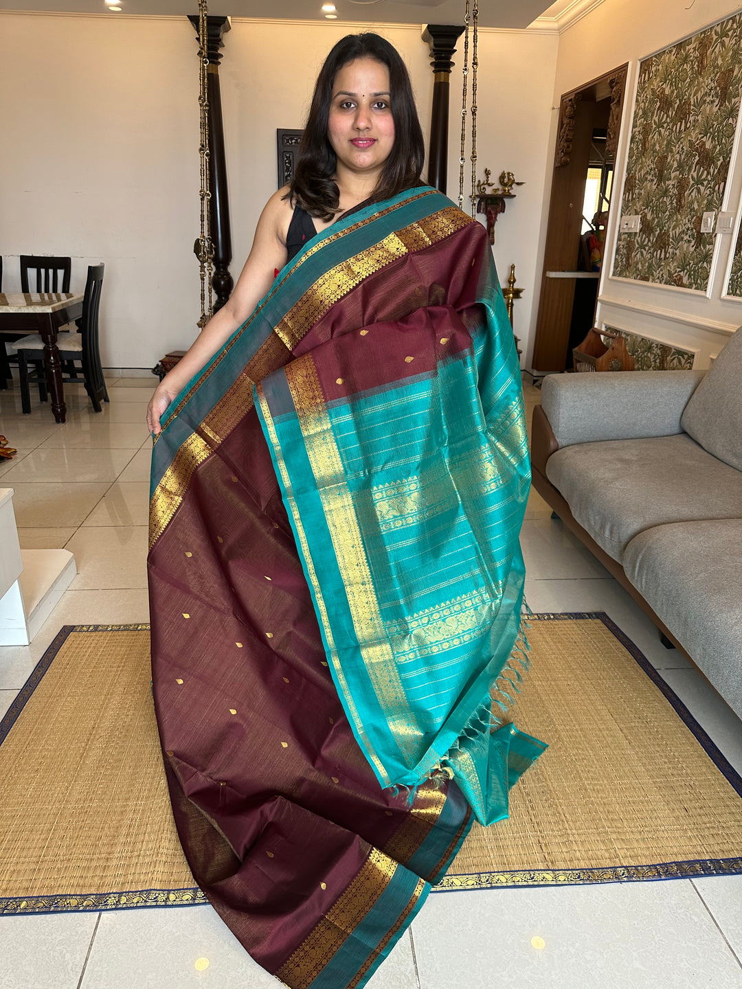 Dark Maroon with Turquoise Blue RIch Body Butta Vairaoosi Silk Cotton Saree