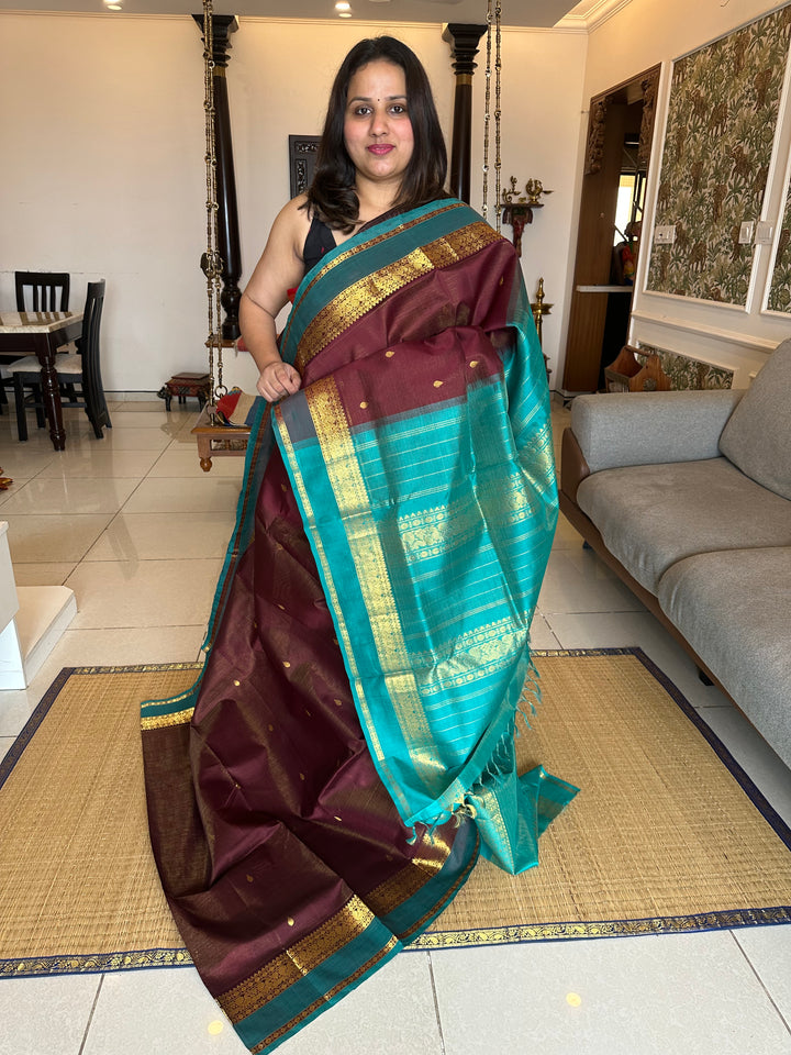 Dark Maroon with Turquoise Blue RIch Body Butta Vairaoosi Silk Cotton Saree