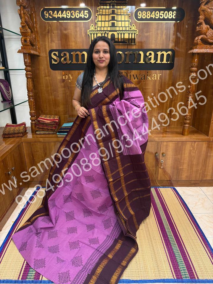 Lavender with Dark Brown , Kolam Handblock Printed Madurai Sungudi Cotton Saree