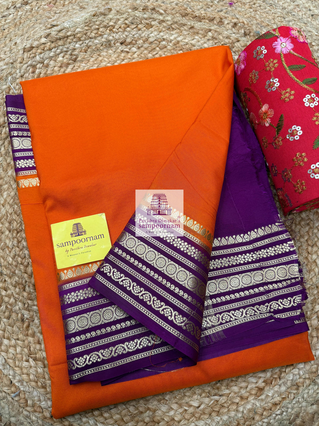 Burnt Orange with Purple , Rich Borders and Pallu, Semi Mysore Silk Saree