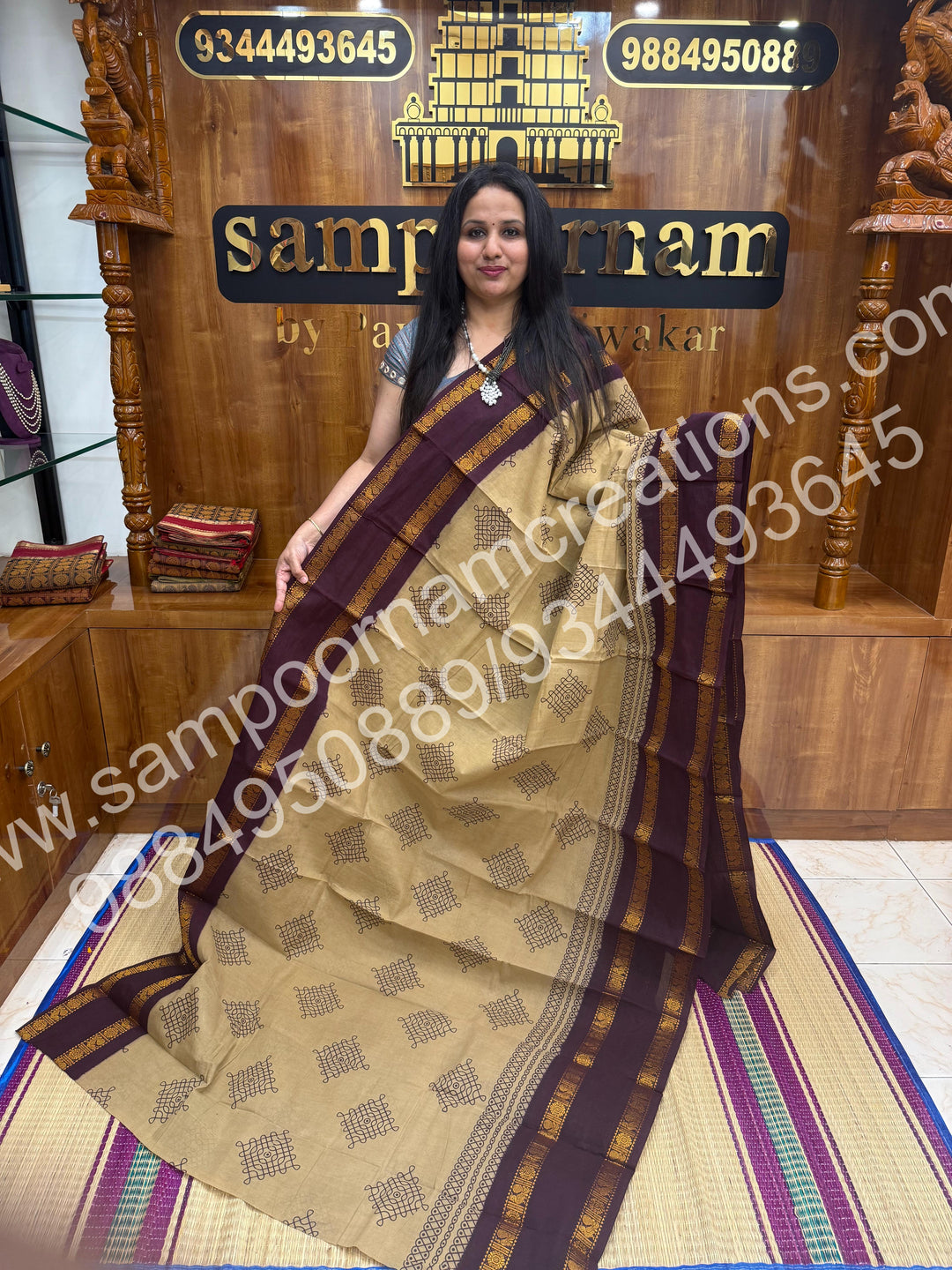 Grey with Wine , Kolam Handblock Printed Madurai Sungudi Cotton Saree