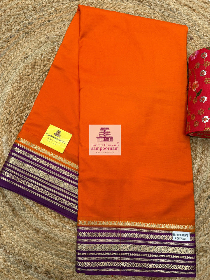 Burnt Orange with Purple , Rich Borders and Pallu, Semi Mysore Silk Saree