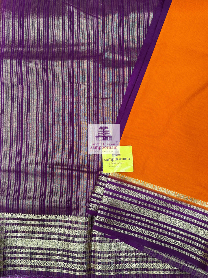 Burnt Orange with Purple , Rich Borders and Pallu, Semi Mysore Silk Saree