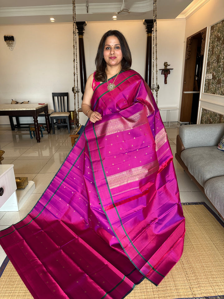 A Classy Magenta with Small Annam and Coin Zari Motif and Traditional Pallu - Pure Kanjivaram Silk Saree