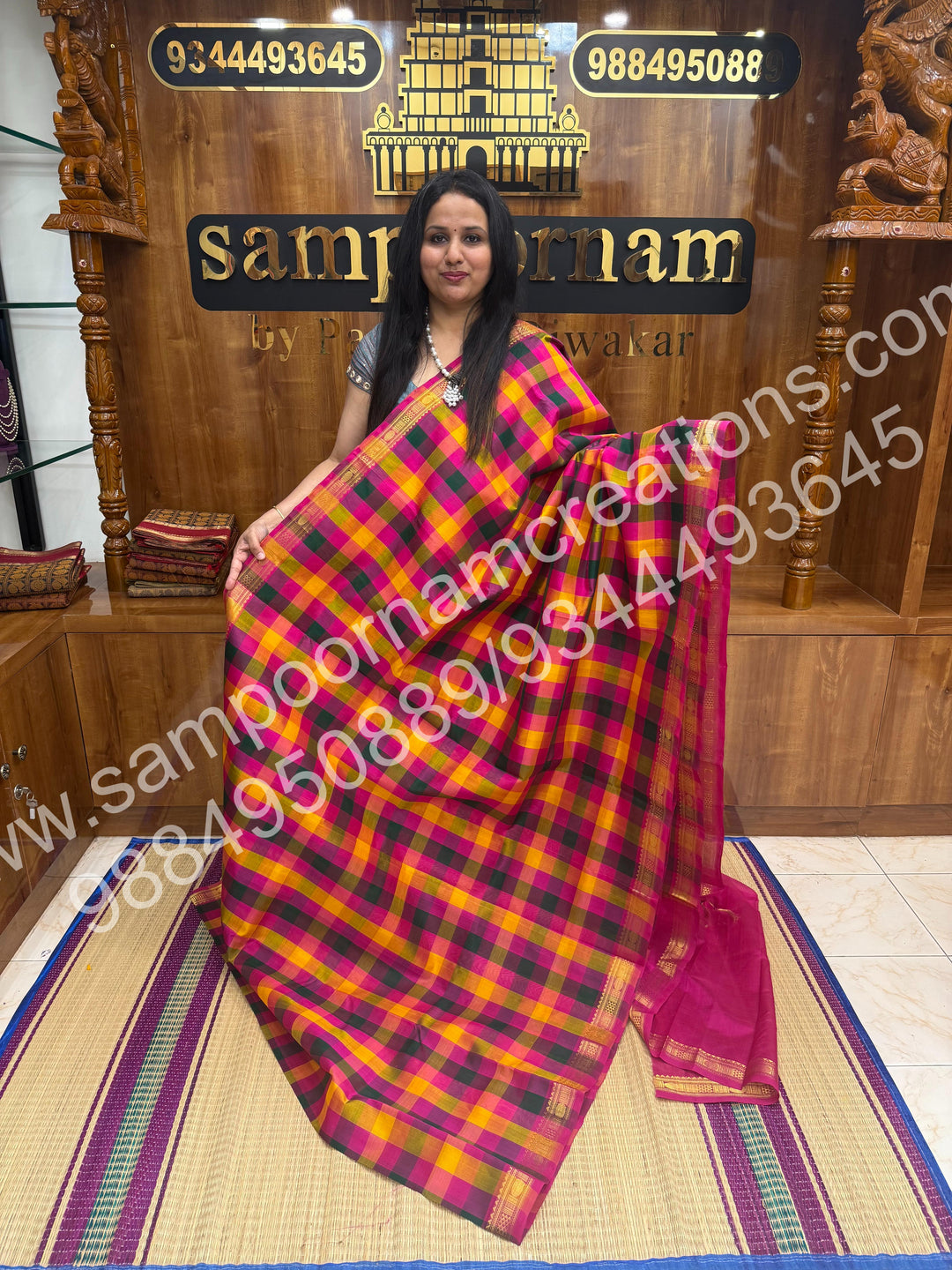 Pink , Green , Yellow , Orange with Pink , Pallum Pazham Checks with Traditional Borders and rich Pallu Silk Cotton Saree