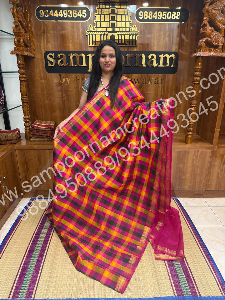 Pink , Green , Yellow , Orange with Pink , Pallum Pazham Checks with Traditional Borders and rich Pallu Silk Cotton Saree