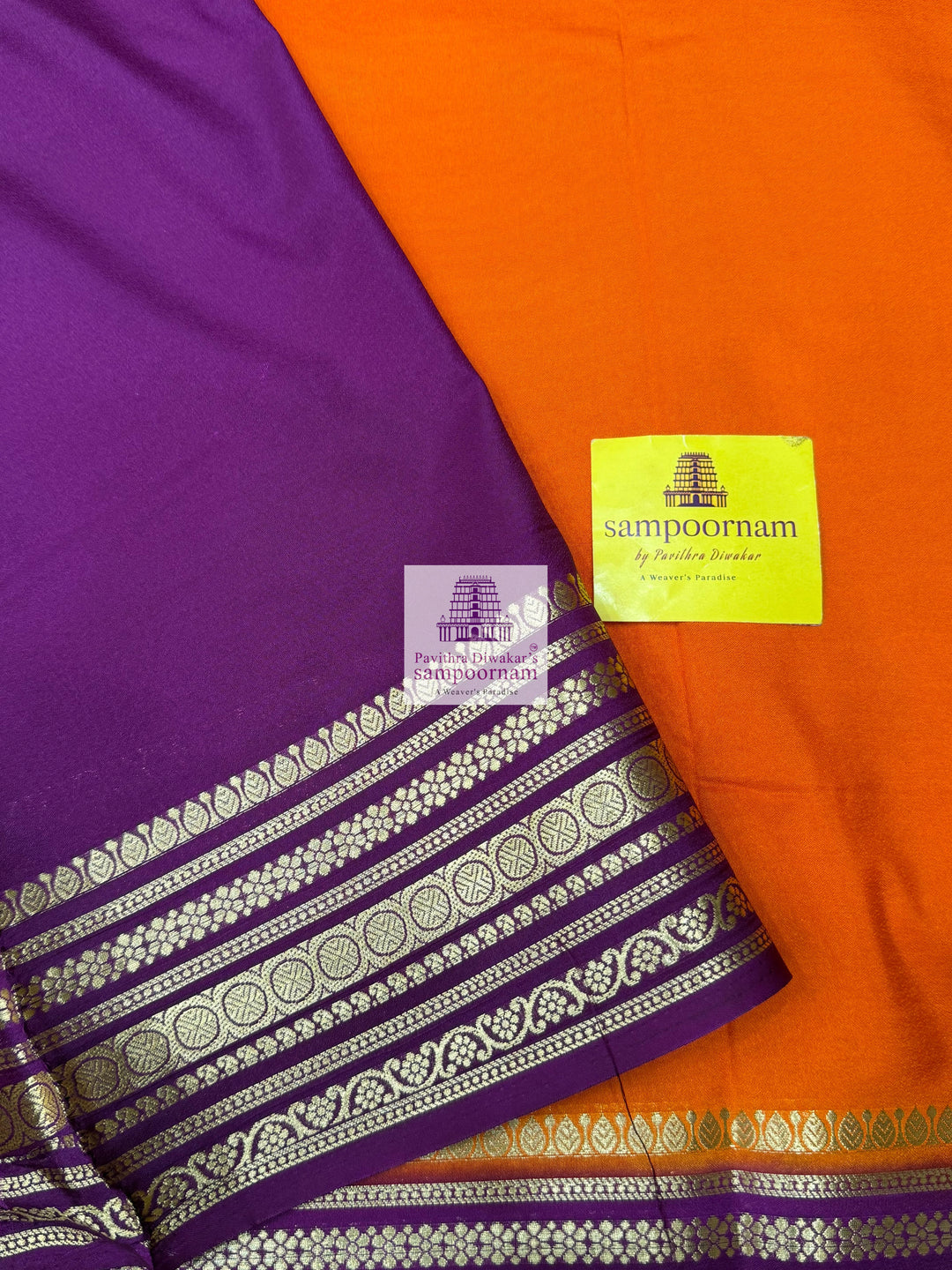 Burnt Orange with Purple , Rich Borders and Pallu, Semi Mysore Silk Saree