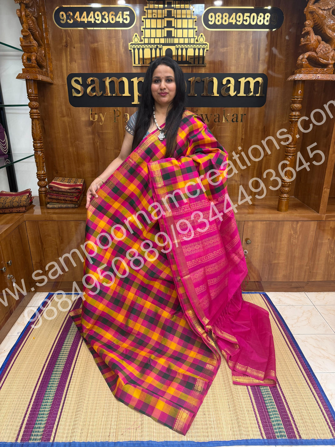 Pink , Green , Yellow , Orange with Pink , Pallum Pazham Checks with Traditional Borders and rich Pallu Silk Cotton Saree