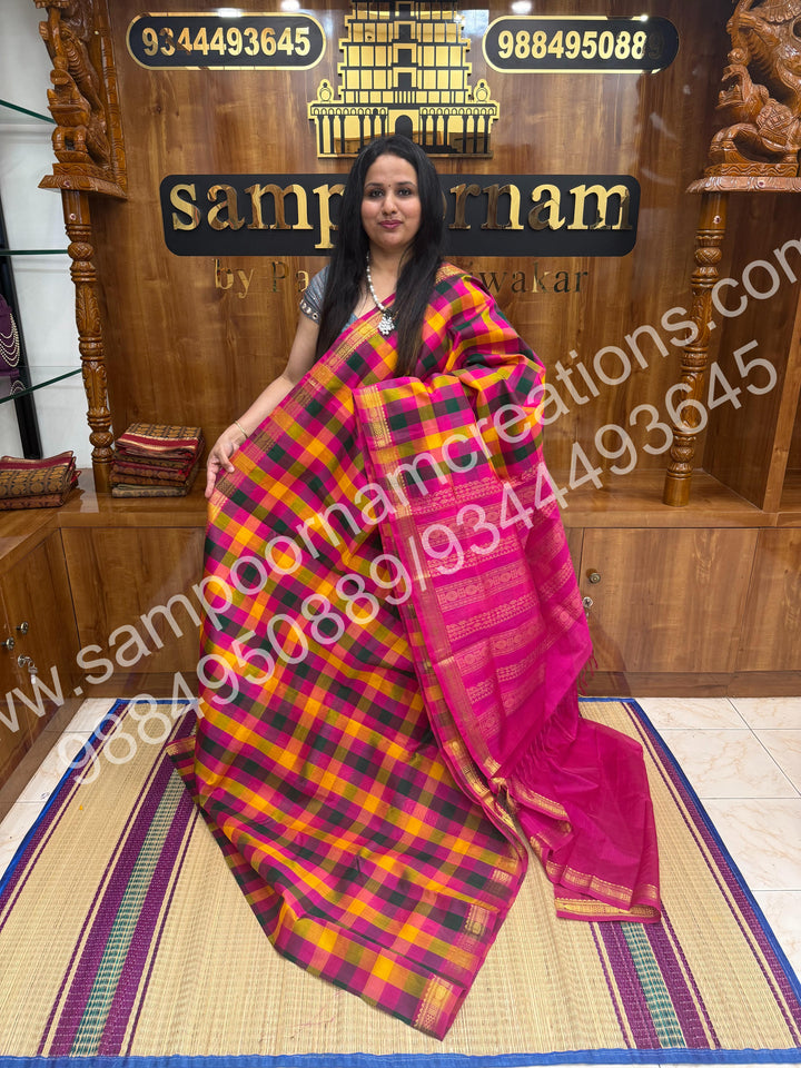 Pink , Green , Yellow , Orange with Pink , Pallum Pazham Checks with Traditional Borders and rich Pallu Silk Cotton Saree