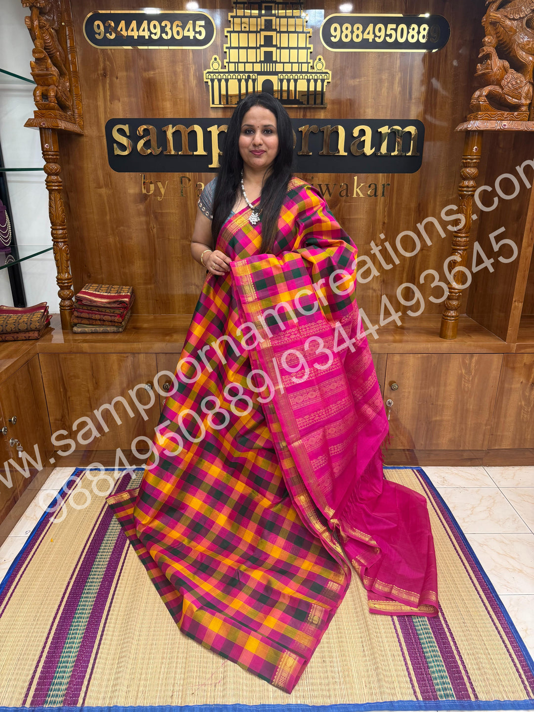 Pink , Green , Yellow , Orange with Pink , Pallum Pazham Checks with Traditional Borders and rich Pallu Silk Cotton Saree