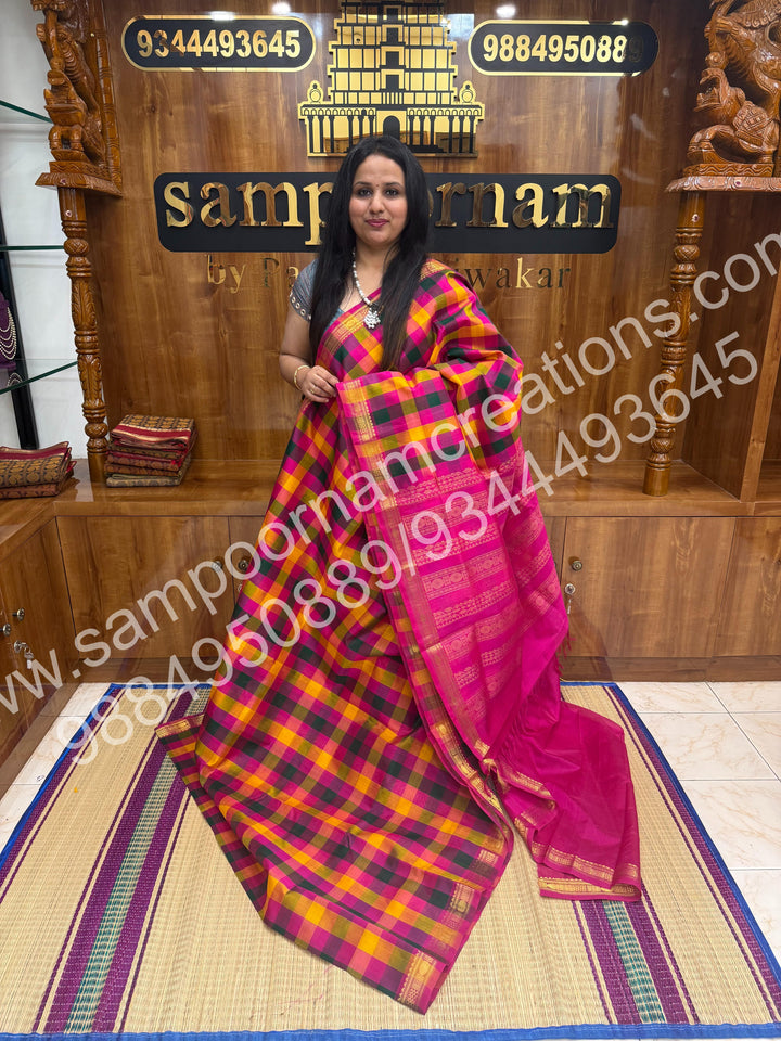 Pink , Green , Yellow , Orange with Pink , Pallum Pazham Checks with Traditional Borders and rich Pallu Silk Cotton Saree