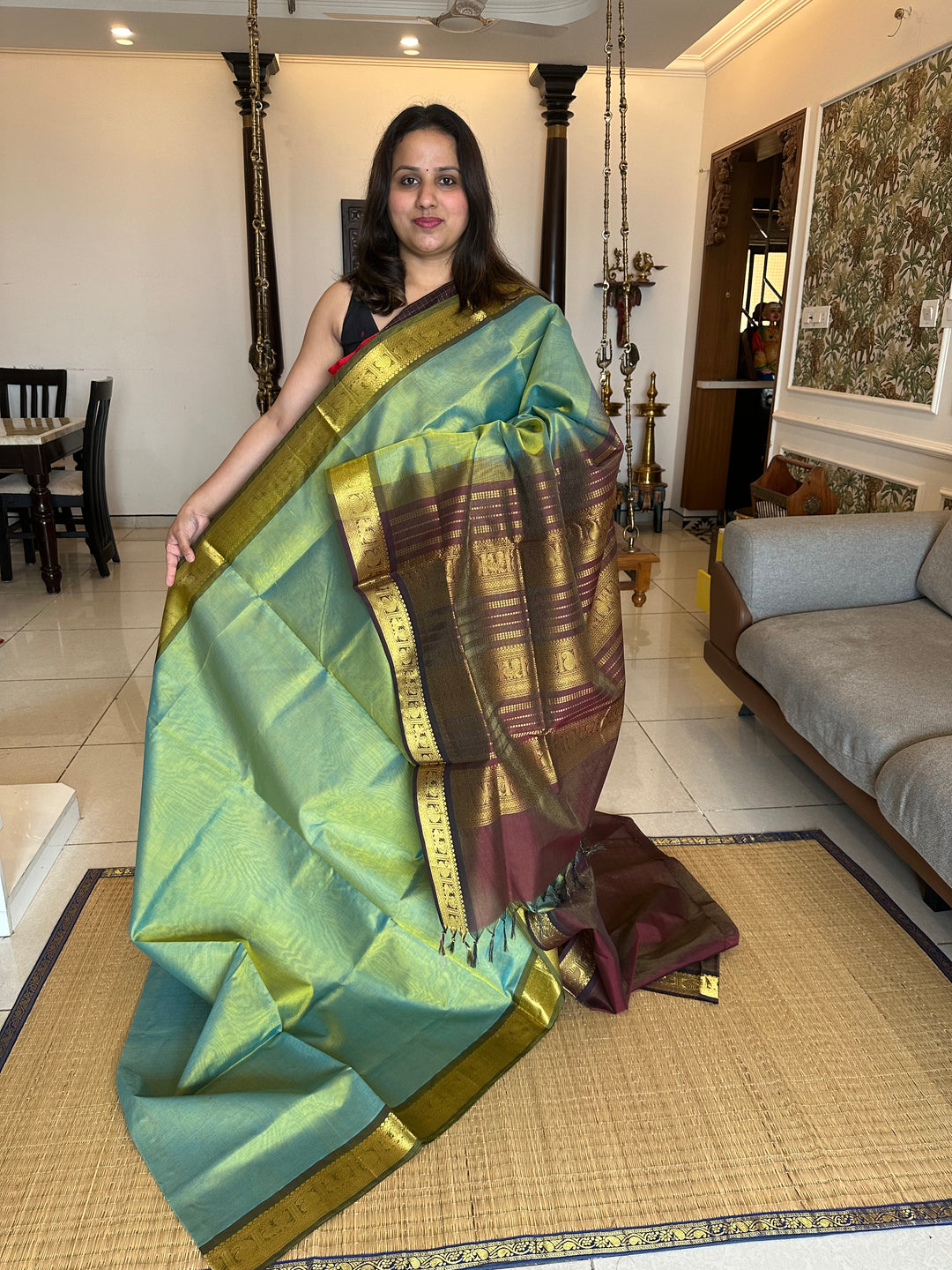 Light Green with Brown Vairaoosi Silk Cotton Saree