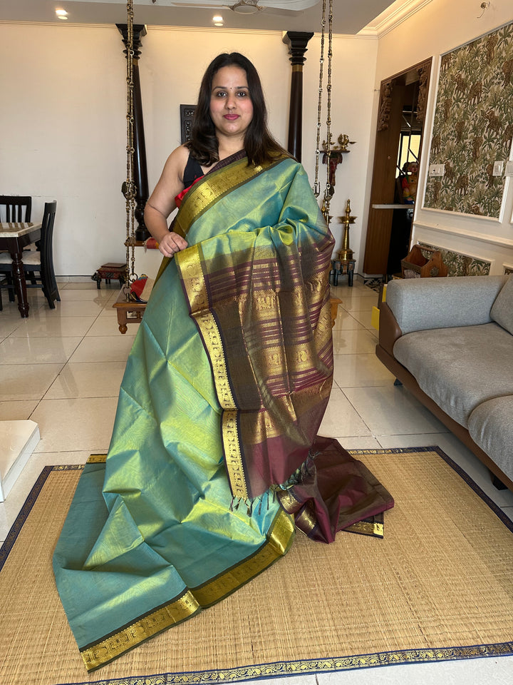 Light Green with Brown Vairaoosi Silk Cotton Saree