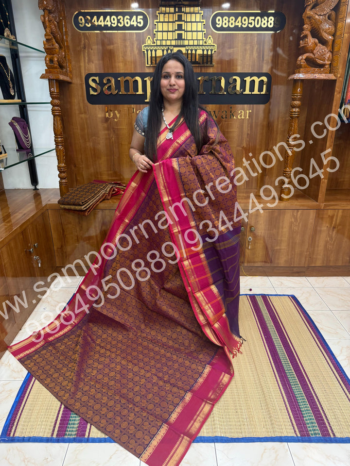 Purple with Pink , Rich Mayil and Chakram thread work in the body with Rettapet border , rich Pallu Pure Chettinad Cotton Saree
