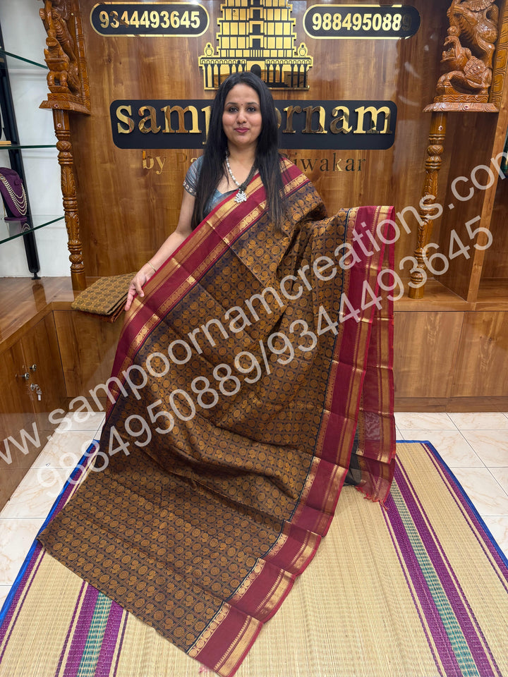 Dark Blue with Red , Rich Mayil and Chakram thread work in the body with Rettapet border , rich Pallu Pure Chettinad Cotton Saree