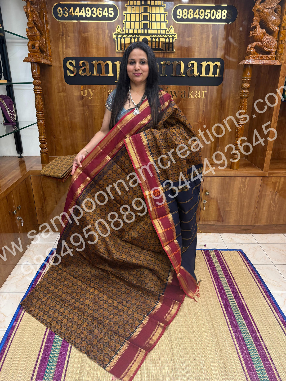 Dark Blue with Red , Rich Mayil and Chakram thread work in the body with Rettapet border , rich Pallu Pure Chettinad Cotton Saree