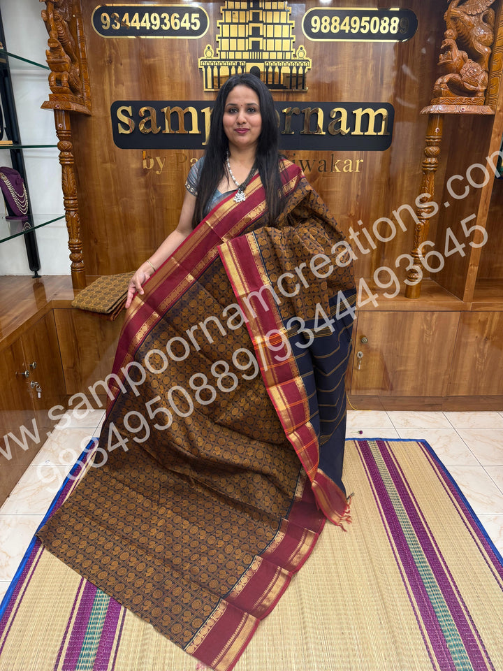 Dark Blue with Red , Rich Mayil and Chakram thread work in the body with Rettapet border , rich Pallu Pure Chettinad Cotton Saree