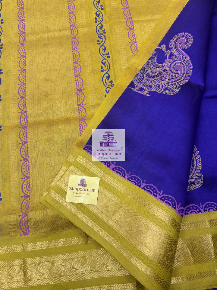 Purple with Lemon Green , Annam Handblock printed Korvai Silk Cotton Saree