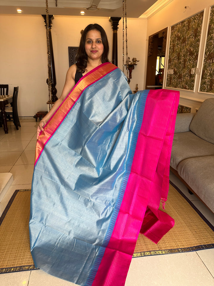 Steel Blue with Pink One Side Big lakshadeepam Border and Rich Pallu Korvai Silk Cotton Saree