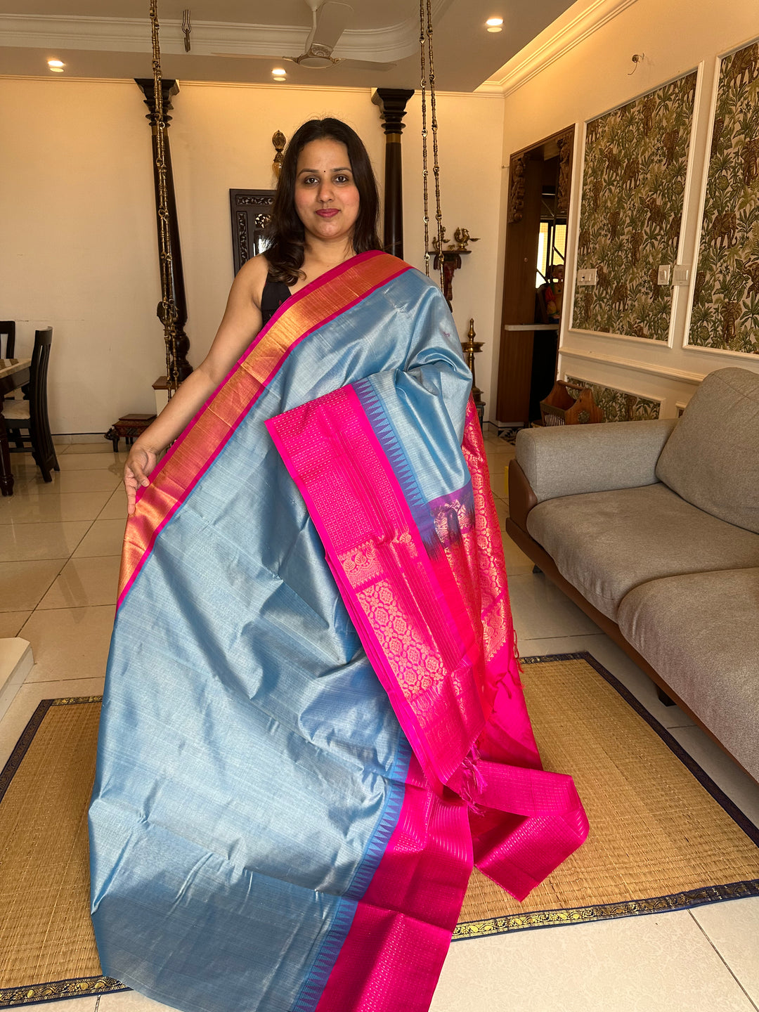 Steel Blue with Pink One Side Big lakshadeepam Border and Rich Pallu Korvai Silk Cotton Saree