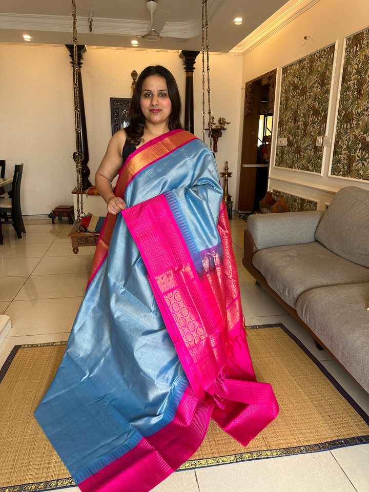 Steel Blue with Pink One Side Big lakshadeepam Border and Rich Pallu Korvai Silk Cotton Saree