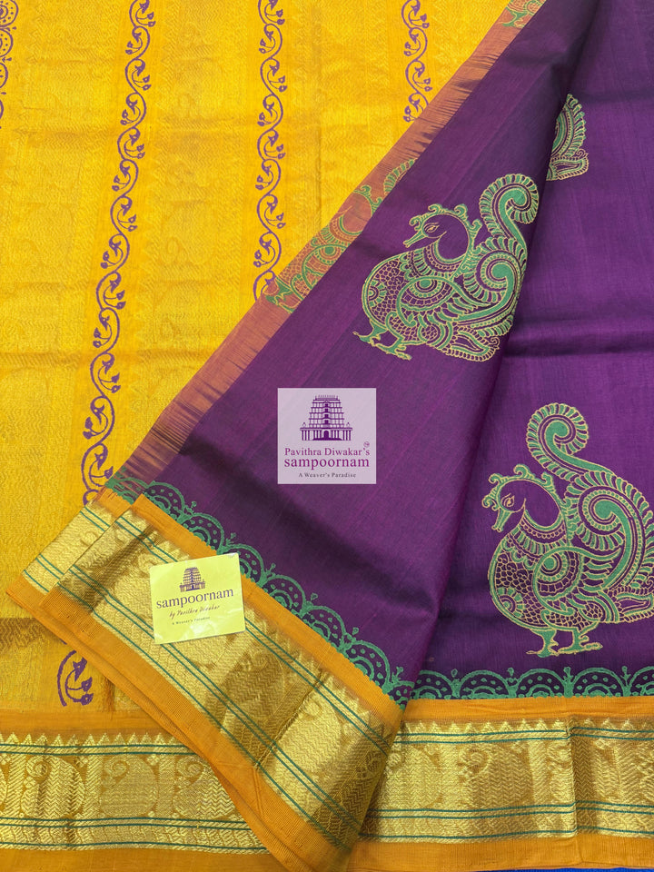 Araku with Mustard , Annam Handblock printed Korvai Silk Cotton Saree