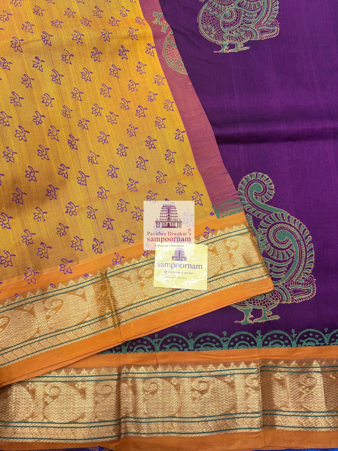 Araku with Mustard , Annam Handblock printed Korvai Silk Cotton Saree