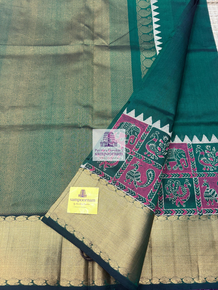 Dark Green , Annam and Elephant Handblock print and Tissue borders , Rich Pallu Handblock printed Silk Cotton Saree