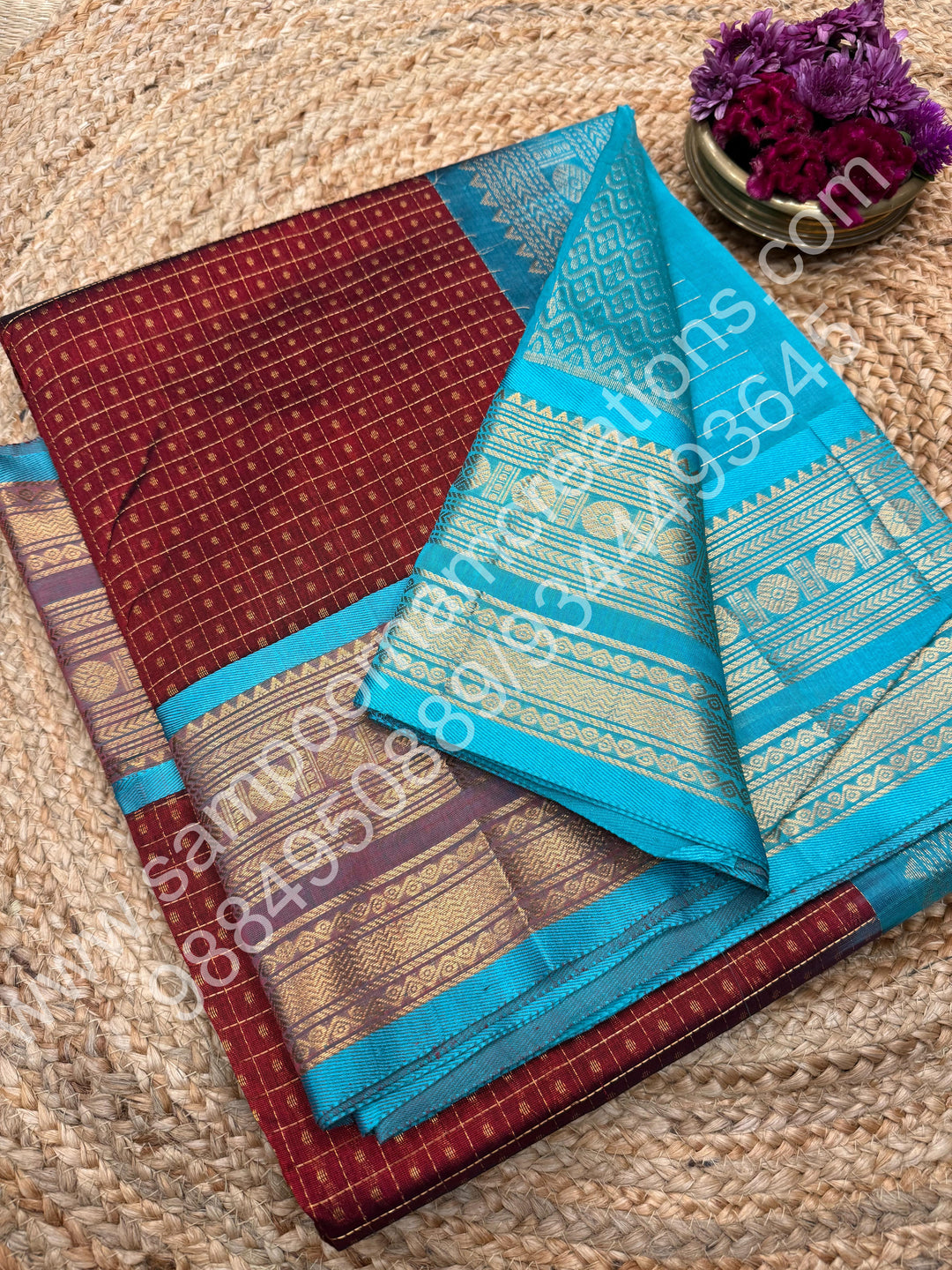 Dark Maroon  with Turquoise Blue , Rich Traditional Borders and Lakshadeepam Zari Butta all over the body and Grand Pallu , Pure Silk Cotton Saree