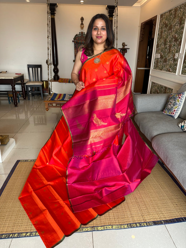 Fanta Orange with Maroon mayil Chakram Small Zari Butta with Traditional Kalakshetra Killi Pallu - Kanjivaram Silk Saree