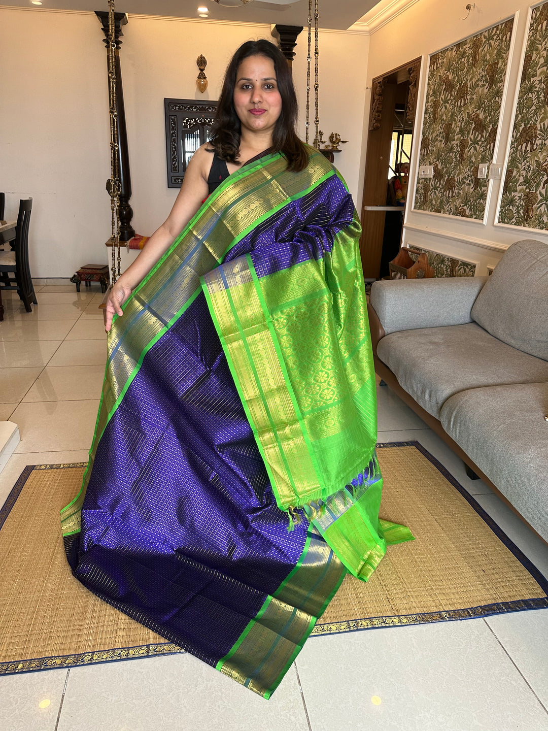 Blue Green Zari Lakshadeepam Silk Cotton Saree