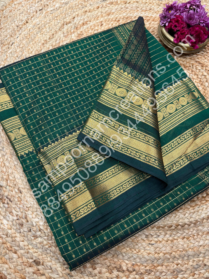Green , Rich Traditional Borders and Lakshadeepam Zari Butta all over the body and Grand Pallu , Pure Silk Cotton Saree
